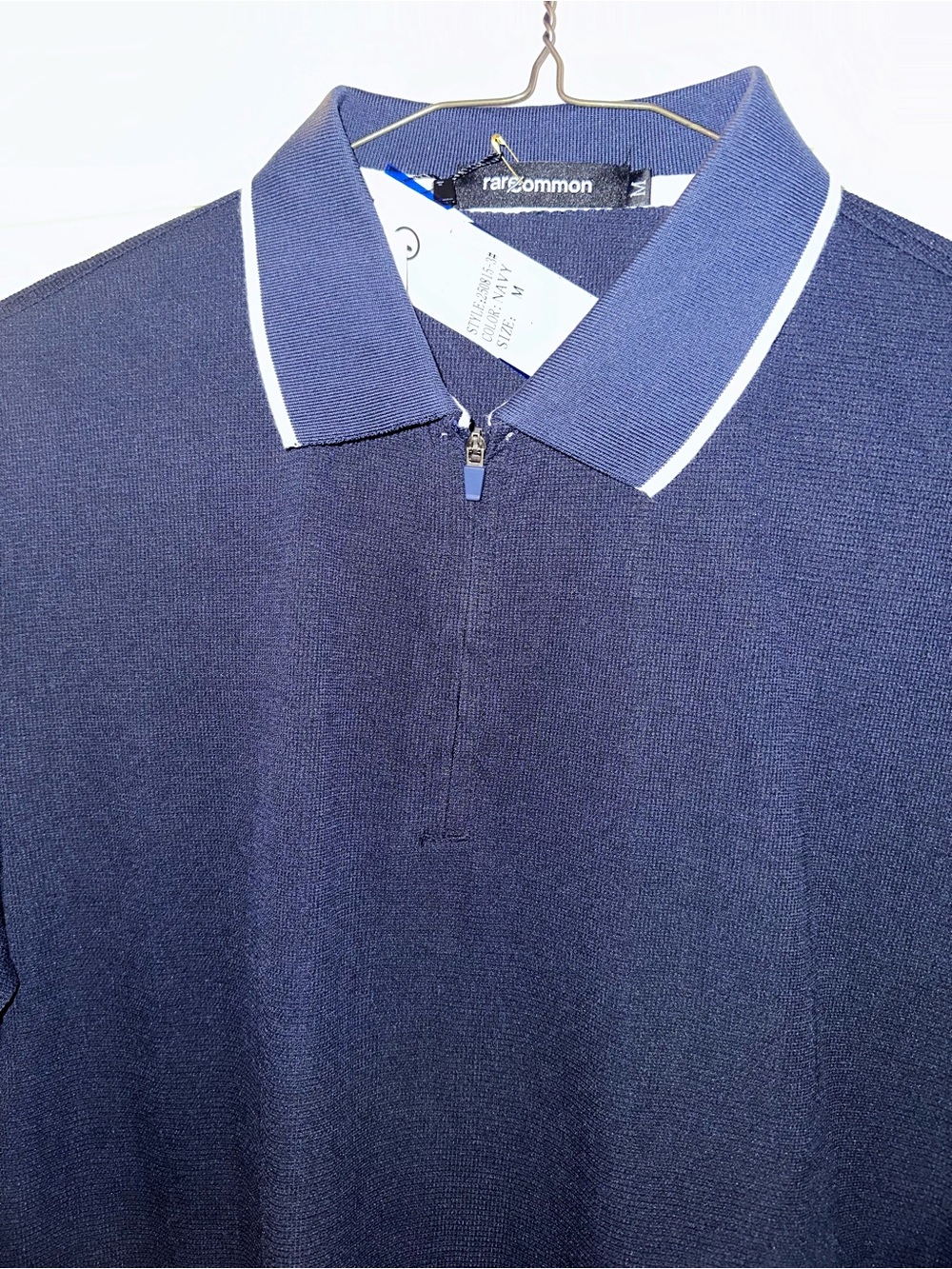 Rarecommon Navy Zip-Front Polo with White Collar Piping